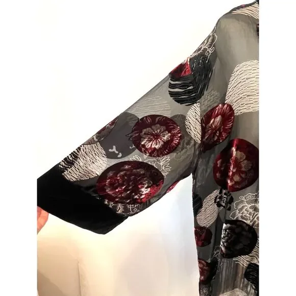 WinterSilks Vintage 100% Silk Black Burnout Velvet Kimono Jacket with Fringe XL - Picture 5 of 6